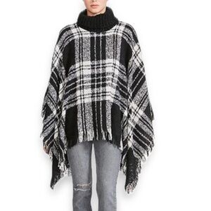 Steve Madden Black And White Plaid Turtleneck Poncho/ Duster